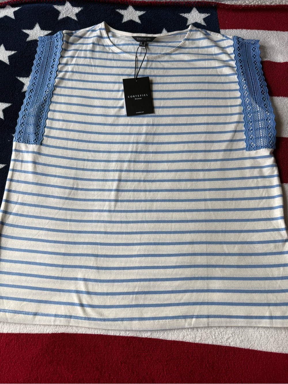 Cortefiel Women's White & Light Blue Striped Lace-Sleeve Tee